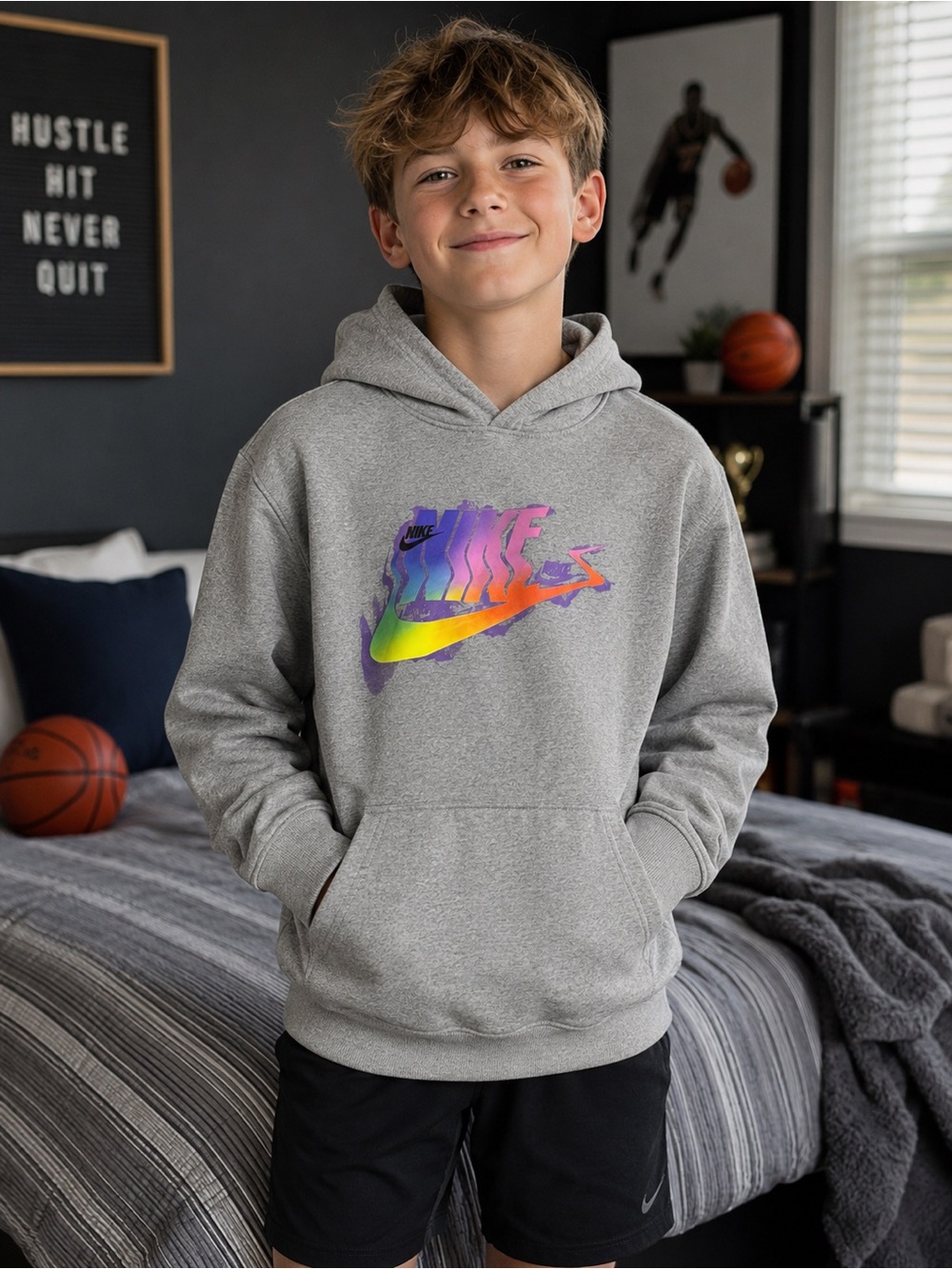 Nike Kids Gray Hoodie with Rainbow Gradient Swoosh
